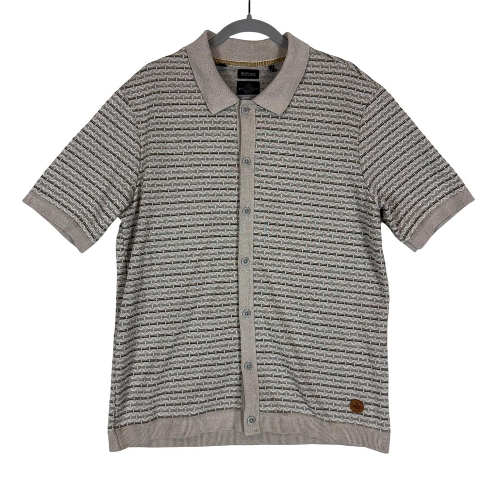 Buffalo David Bitton Polo Shirt Mens Large Beige Geometric Knit Button Front